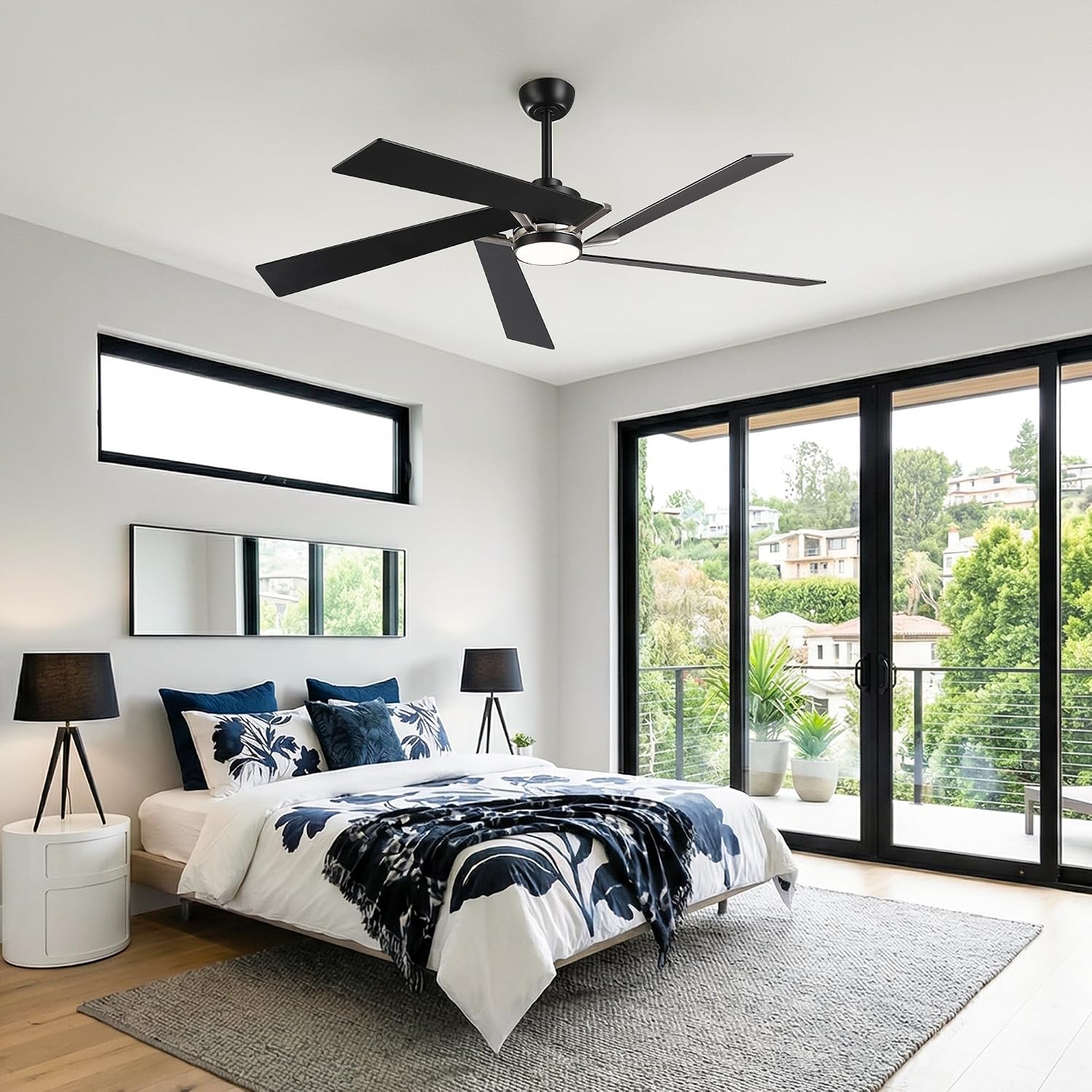 60 Inch Ceiling Fans with Lights and Remote, Modern Black Ceiling Fan with Reversible DC Motor, Dimmable LED, Memory Function & Timer, Quiet Outdoor Ceiling Fans for Patios Living Room Bedroom