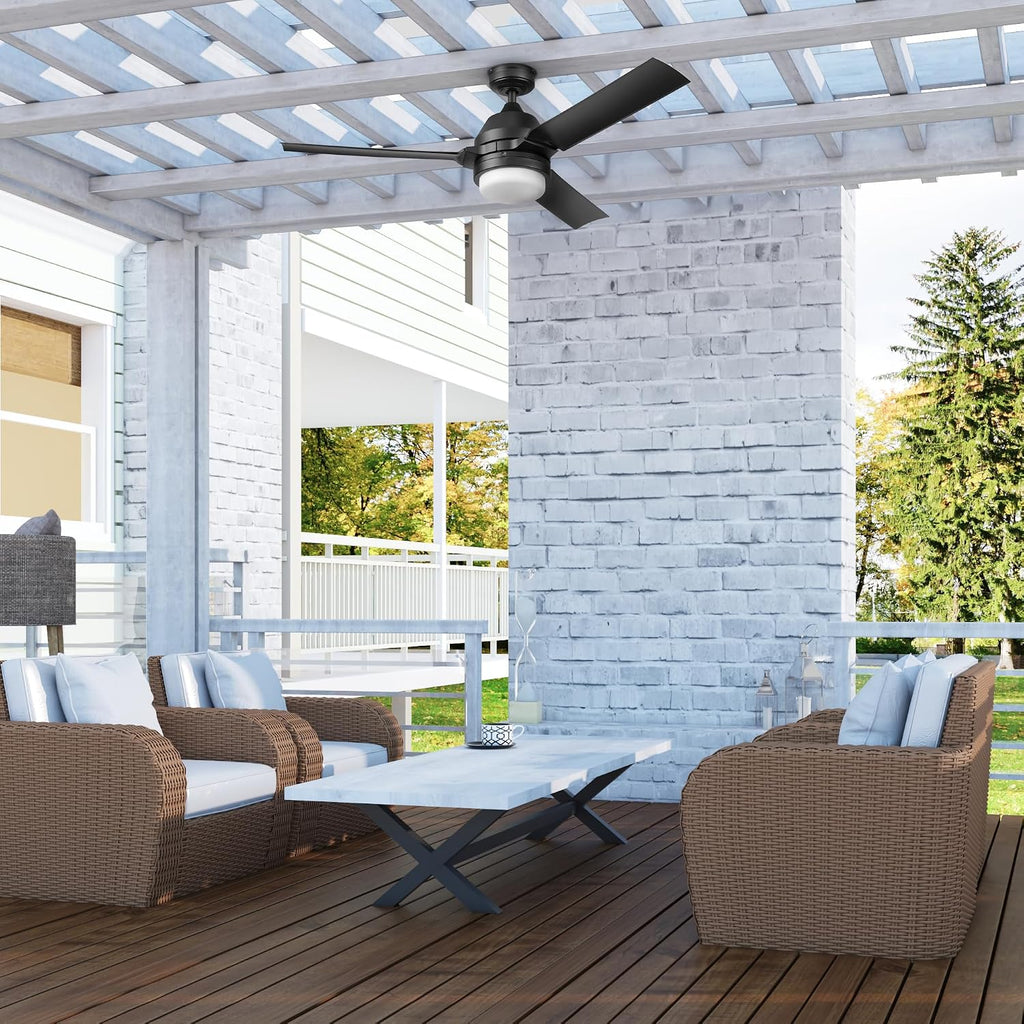 Honeywell Ceiling Fans Port Isle Modern 54 Inch Outdoor Ceiling Fan with Light, LED Fan with Remote Control, 3 Contemporary Matte Black Weather Resistant Blades, Black (51986-01)