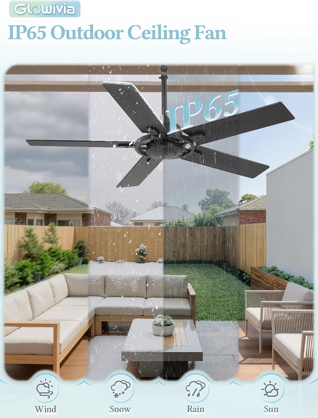 52 Inch Outdoor Ceiling Fan without Light, Waterproof IP65 Wet-Rated, Plug-in Black Ceiling Fan No Light, Remote Control with 6-Speed DC Motor, Hanging Fans with Cord for Patio Porch Gazebo