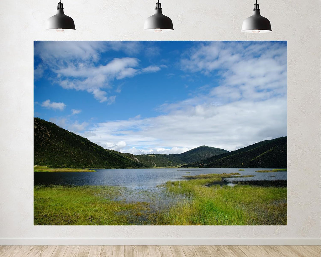 Trykid 20x10ft Mountain Lake Backdrop Lush Hills Calm Waters Clear Sky Landscape Photography Background Nature Shoot Tapestry Party Decoration Photo Studio Prop Fabric