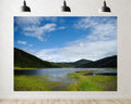 Trykid 20x10ft Mountain Lake Backdrop Lush Hills Calm Waters Clear Sky Landscape Photography Background Nature Shoot Tapestry Party Decoration Photo Studio Prop Fabric