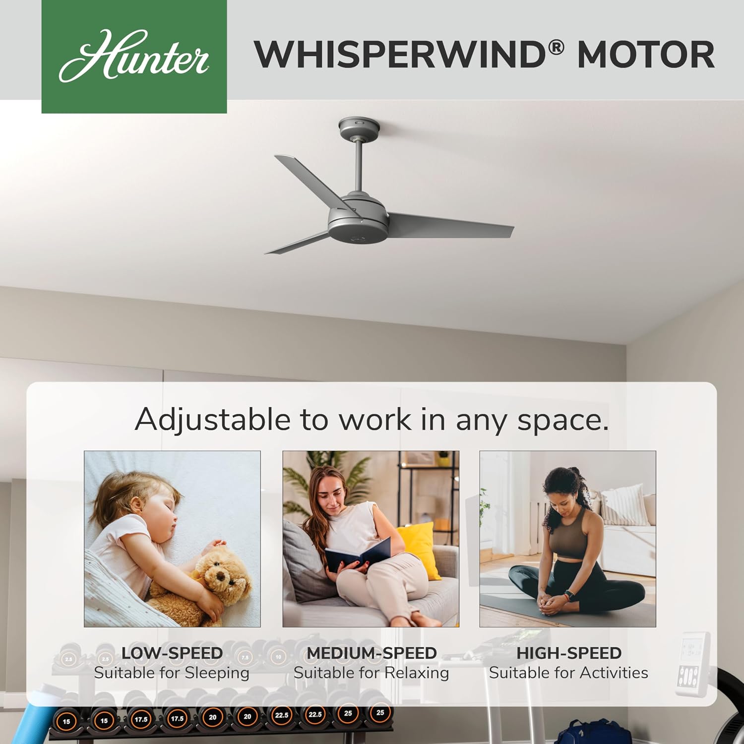 Hunter 52 inch Outdoor or Indoor Ceiling Fan No Light - Ceiling Fan without Light, For Patio, Porch, Garage, or Living Room, Standard Mount, 3 Blades, Wall Control - Trimaran 59608, Matte Silver