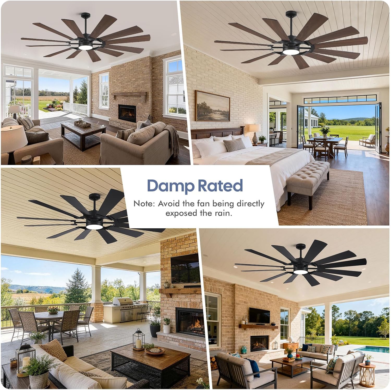 62 Inch Outdoor Ceiling Fans with Lights Remote, Modern Black Industrial Ceiling Fan with Light 6 Speed Quiet Reversible DC Motor for Patio Porch Shop Garage, Indoor/Exterior, 12 Dual-finish Blade