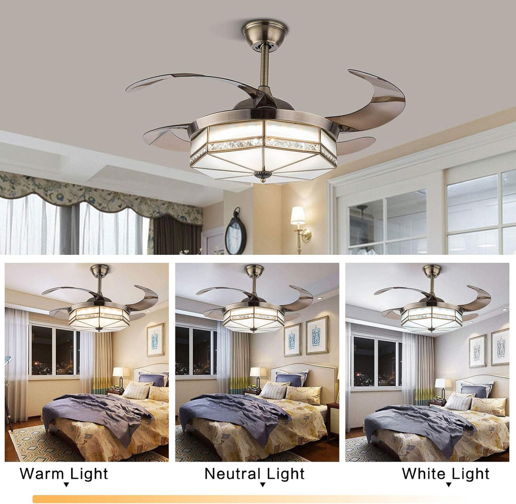TFCFL 42' Vintage Retractable Ceiling Fan Light, Tiffany Style Chandelier Fan with Controller 3-Color Lighting 3-Speed for Bedroom Living Room (Bronze)