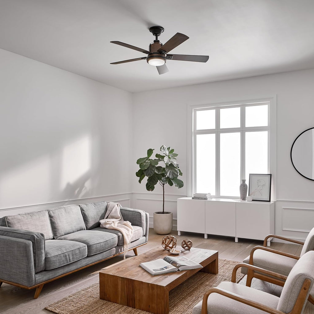 Kichler Colerne 52'Ceiling Fan with LED Light in Black, 5-Blade Vintage Industrial IndoorFan, 3000k, (52'W x 17' H), 300052DBK