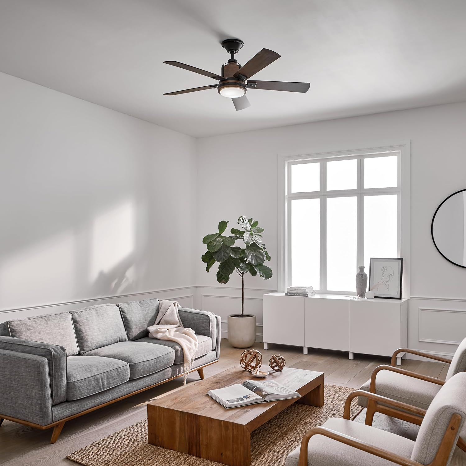 Kichler Colerne 52'Ceiling Fan with LED Light in Black, 5-Blade Vintage Industrial IndoorFan, 3000k, (52'W x 17' H), 300052DBK