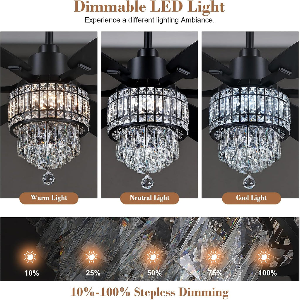 Kviflon 52 Inch Crystal Ceiling Fan with RGB Lights, Black Fandelier Ceiling Fan with Light and Remote/APP Control, Modern Chandelier Ceiling Fan for Bedroom Living Room, Quiet DC Motor, Dimmable LED