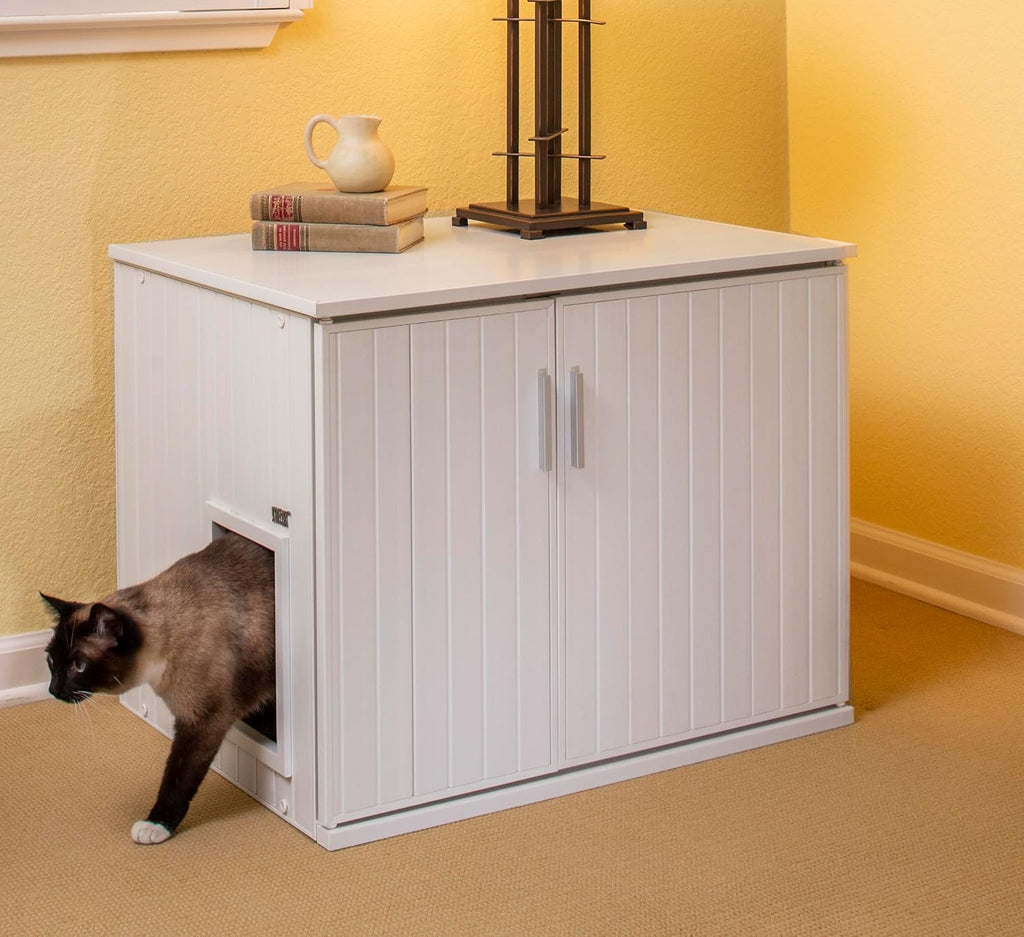 New Age Pet ECOFLEX Promax Litter Loo Litter Box Enclosure Table, Antique White - Durable Wood Plastic Composite Cat Litter Box Furniture with No-Track Litter Mat, 10 Year Warranty