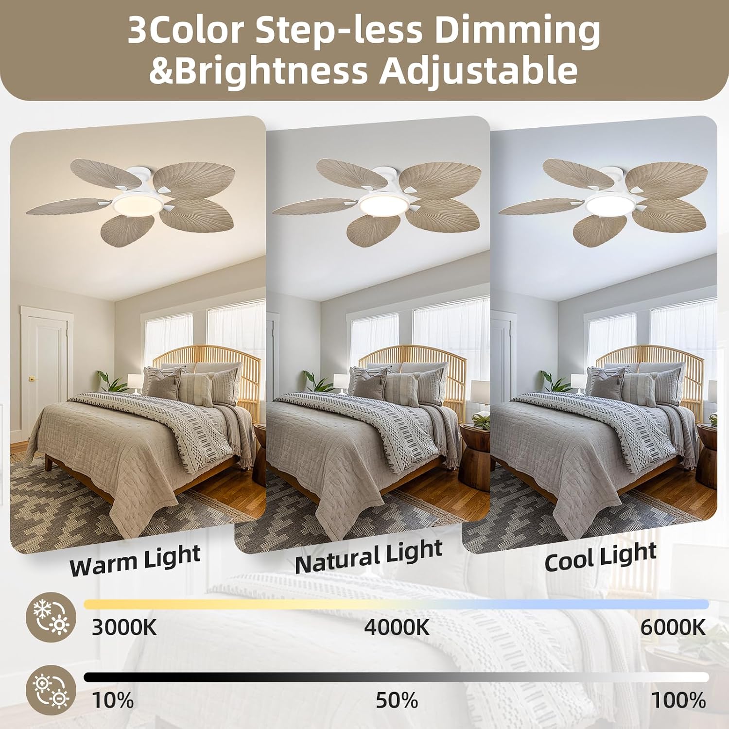 52 Inch Flush Mount Ceiling Fan with Light and Remote, Low Profile Hugger Ceiling Fan with Boho Palm Leaf Blades, Quiet DC Motor, Dimmable LED, for Bedroom, Living Room, Covered Patio