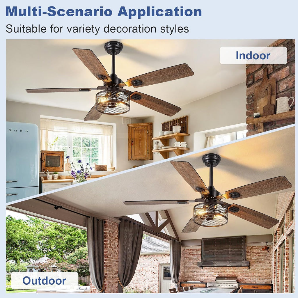 Depuley 52-Inch Ceiling Fans with Lights: Caged Ceiling Fans Dual Finish 5 Blades - Farmhouse Ceiling Fan with Remote Control for Rustic Living Room Outdoor Patio Reversible (Black Walnut)