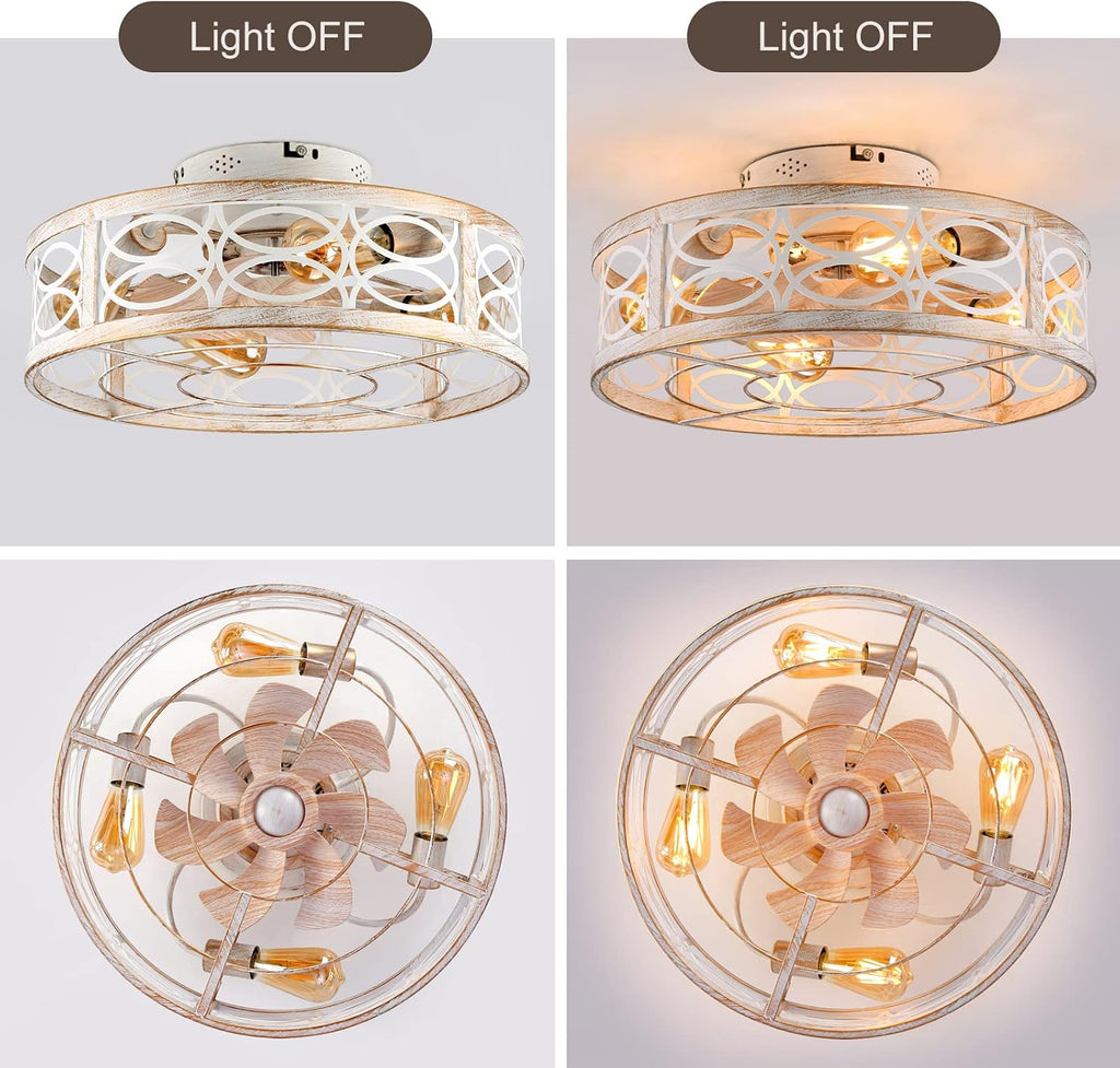20' Caged Ceiling Fan With Light And Remote，bladeless Ceiling Fan 6 Speed Reversible With 4 Bulbs and Remote Control. With Lights for Bedroom, Dining Room