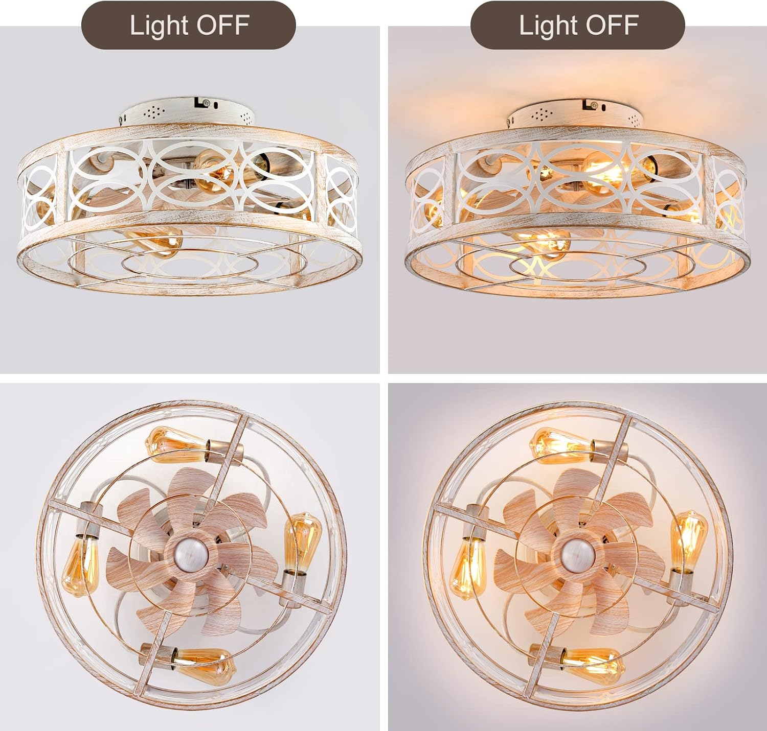 20' Caged Ceiling Fan With Light And Remote，bladeless Ceiling Fan 6 Speed Reversible With 4 Bulbs and Remote Control. With Lights for Bedroom, Dining Room