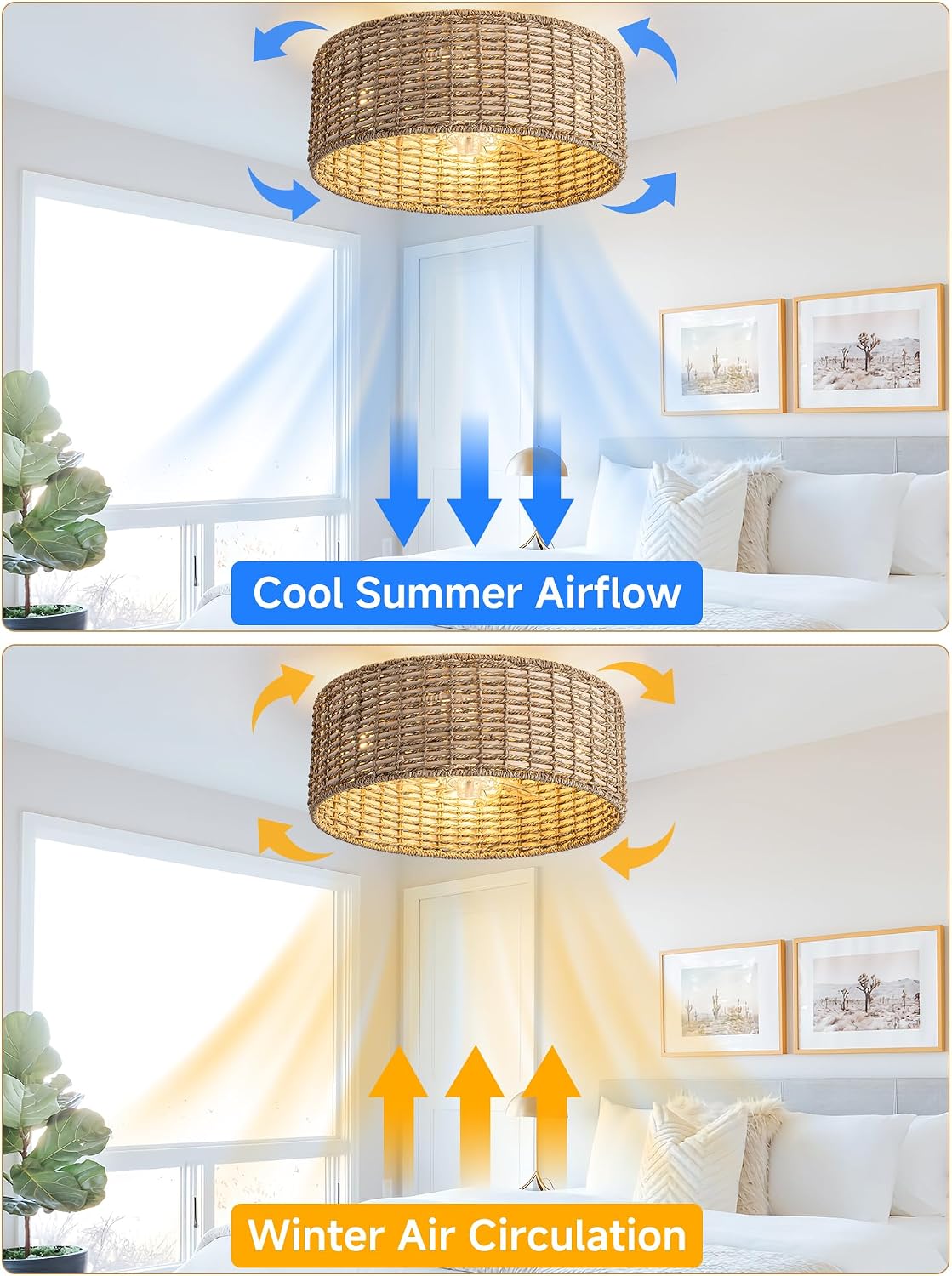Handwoven Boho Rattan Ceiling Fan with Light,Flush Mount Caged Ceiling Fans with Lights and Remote Control,Low Profile Enclosed 6 Speeds Fandelier for Bedroom Living Dining Room,4-Light