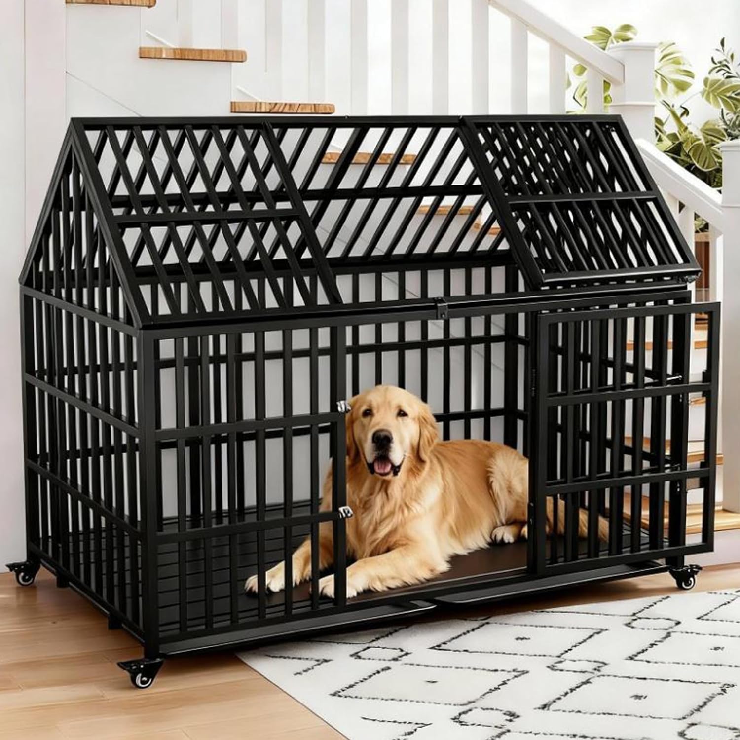 58 inch Heavy Duty Dog Crate Cage Kennel Escape-Proof for Large Dogs, High Anxiety Dog Crate with Removable Trays and Wheels, Extra Large XL XXL