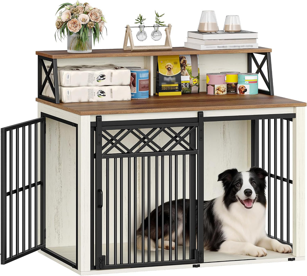 Hzuaneri 39.4'' Dog Crate Furniture, Large Wooden Dog Crate with Storage and 3 Doors, Indoor Kennel for Medium/Large Dogs, End Table with Barn Door, Chew-Proof and Escape-Proof, White Brown DFC87414B