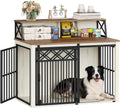 Hzuaneri 39.4'' Dog Crate Furniture, Large Wooden Dog Crate with Storage and 3 Doors, Indoor Kennel for Medium/Large Dogs, End Table with Barn Door, Chew-Proof and Escape-Proof, White Brown DFC87414B
