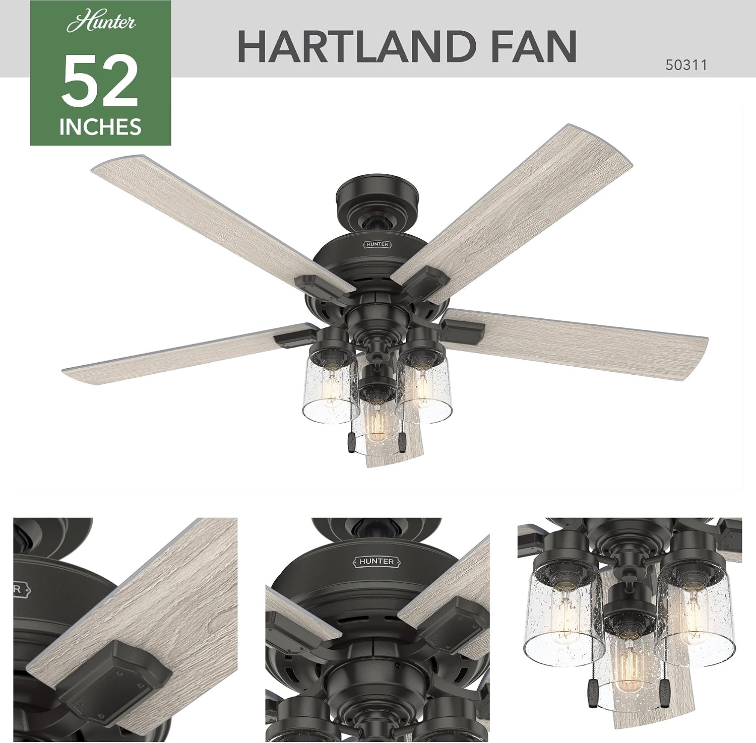 Hunter 52 inch Indoor Ceiling Fan with LED Lights - Bronze Ceiling Fan with Pull Chain, For Bedroom, Living Room, or Kitchen, Standard Mount, No Remote, 5 Blades - Hartland 50311, Noble Bronze