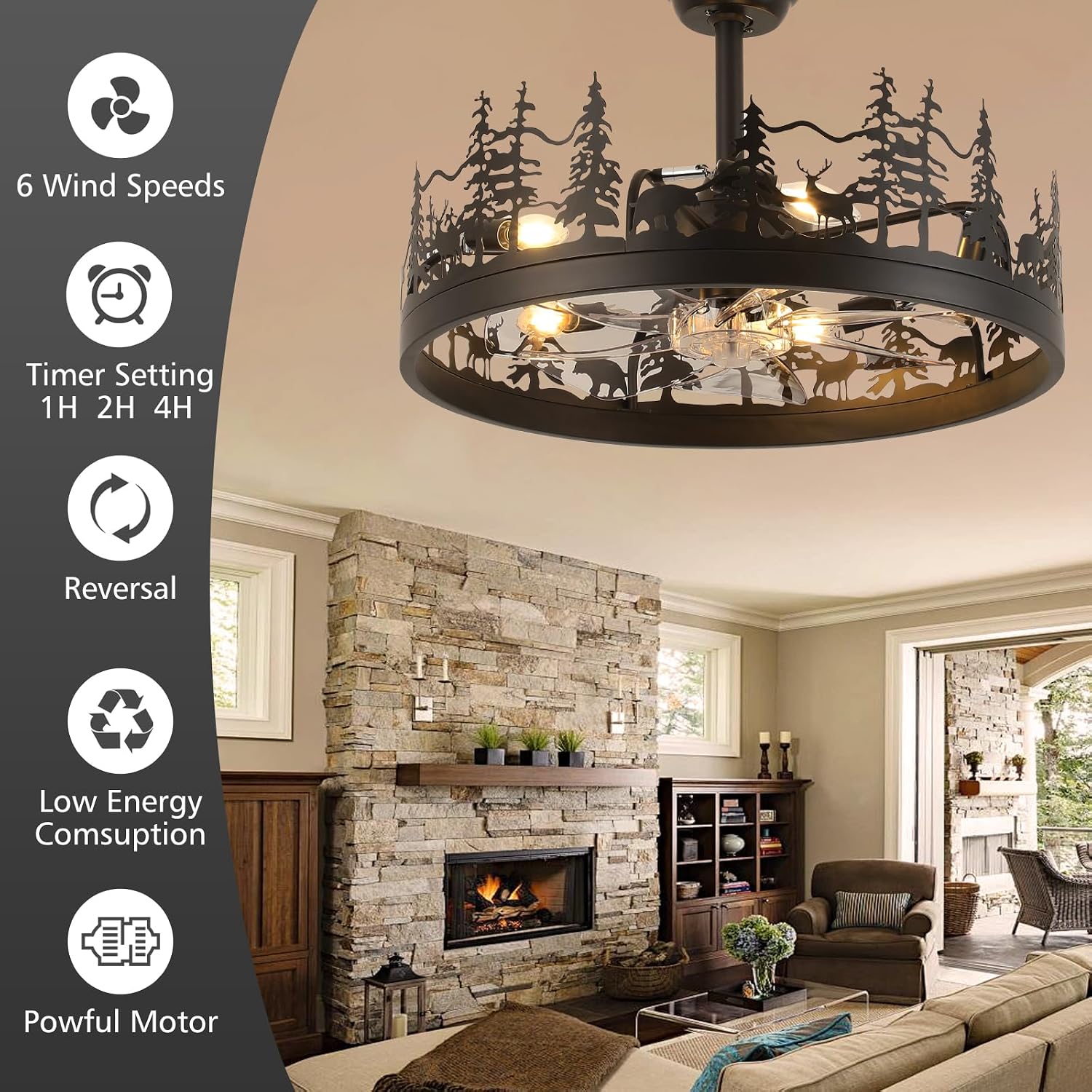 Rustic Ceiling Fans with Lights, 23' Deer Antler Ceiling Fan with Light, Adjustable Height, Rustic Farmhouse Ceiling Fans for Living Room, Bedroom, Hallway, Entryway Lighting