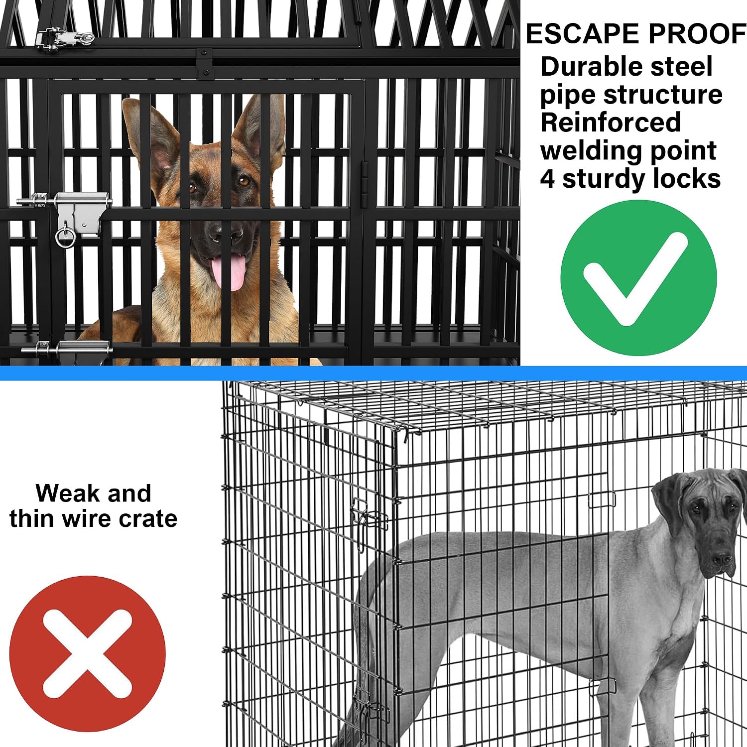 58 inch Heavy Duty Dog Crate Cage Kennel Escape-Proof for Large Dogs, High Anxiety Dog Crate with Removable Trays and Wheels, Extra Large XL XXL