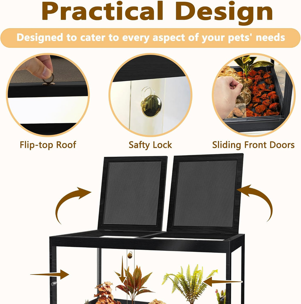 PROLEE Bearded Dragon Tank,34 Gallon Reptile Tank with Meatl Mesh Roof and Front Sliding Door,Lizard Tank,Spacious Reptile Enclosure for Snakes,Lguanas, Chameleons (Black)