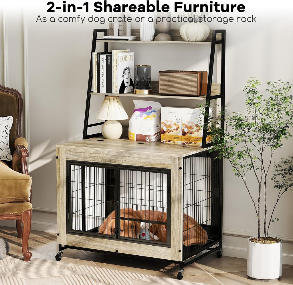 Giantex Dog Crate Furniture with Storage Shelves, 38' Furniture Style Indoor Dog Kennel on Wheels, 3 Doors, Flip Top Lid, Removable Pull-Out Tray, Dog Cage Pet House for Large Dogs, Oak Gray