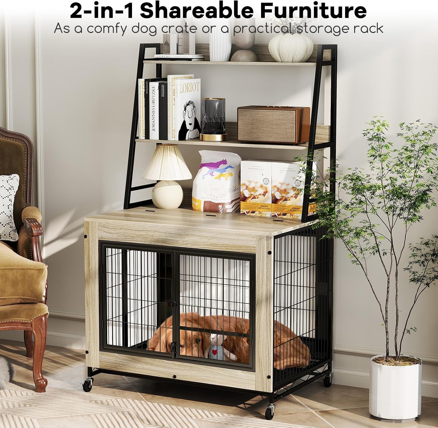 Giantex Dog Crate Furniture with Storage Shelves, 38' Furniture Style Indoor Dog Kennel on Wheels, 3 Doors, Flip Top Lid, Removable Pull-Out Tray, Dog Cage Pet House for Large Dogs, Oak Gray