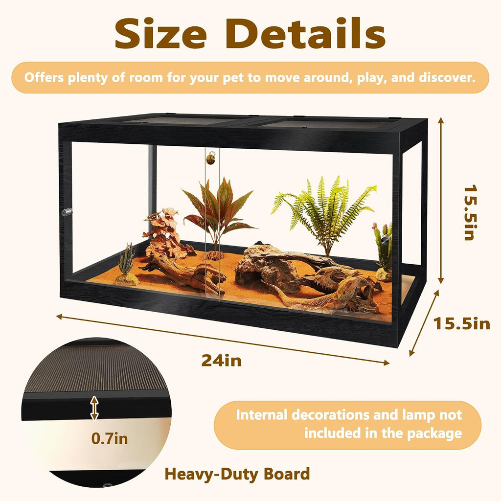PROLEE Bearded Dragon Tank, Reptile Tank with Meatl Mesh Roof and Front Sliding Door, Lizard Tank,Spacious Reptile Enclosure for Snakes,Lguanas, Chameleons (Black, 30 Gallons)