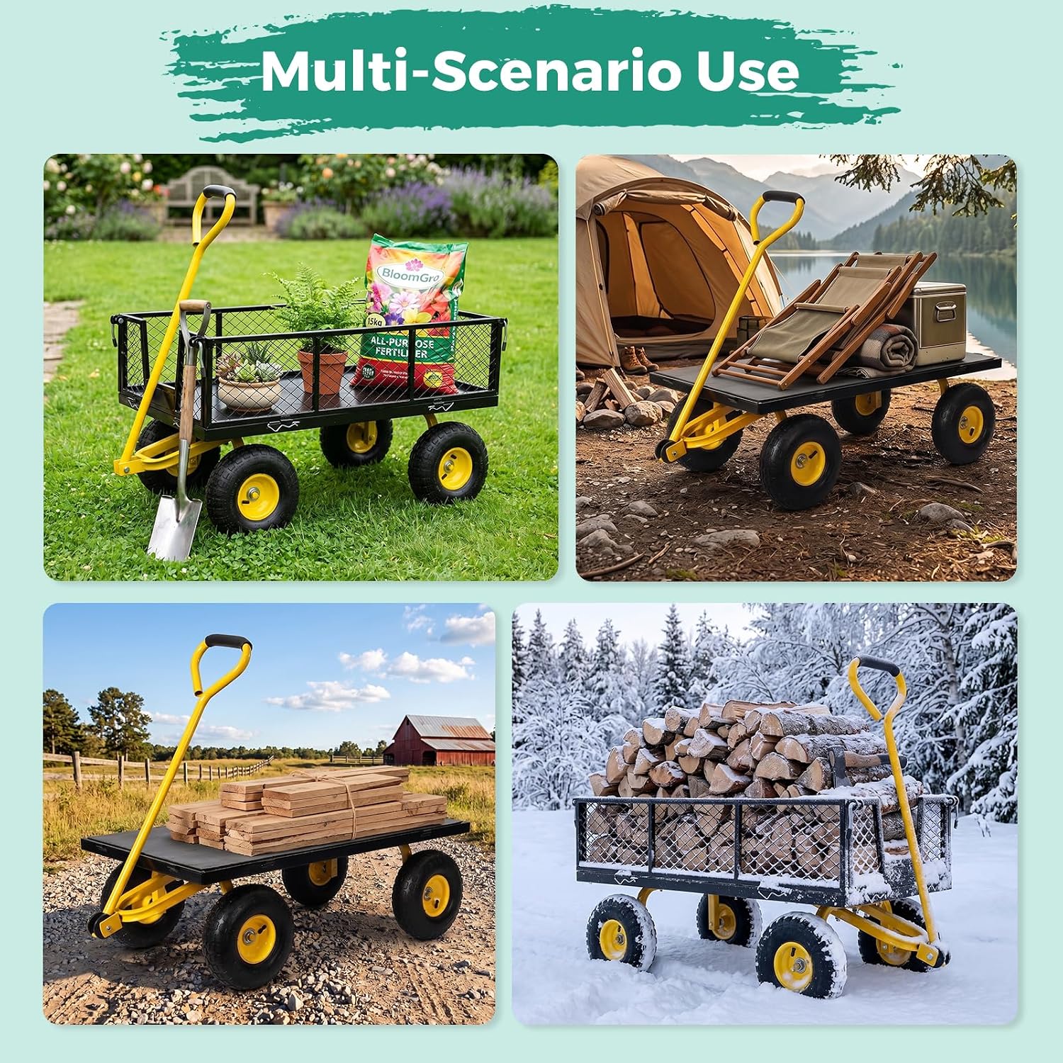 SUNNYFEEL 900 LBS Heavy Duty Steel Garden Cart, Utility Garden Wagon Cart with 10' Flat-Free Wheels and Removable Sides, All Season Yard Cart with 180° Adjustable Handle