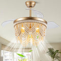 42 Inch Boho Fandelier Ceiling Fan with Light Retractable Ceiling Fan with Lights Wood Beaded Coastal Chandelier, 6 Speeds Reversible Quiet DC Motor for Bedroom Living Room