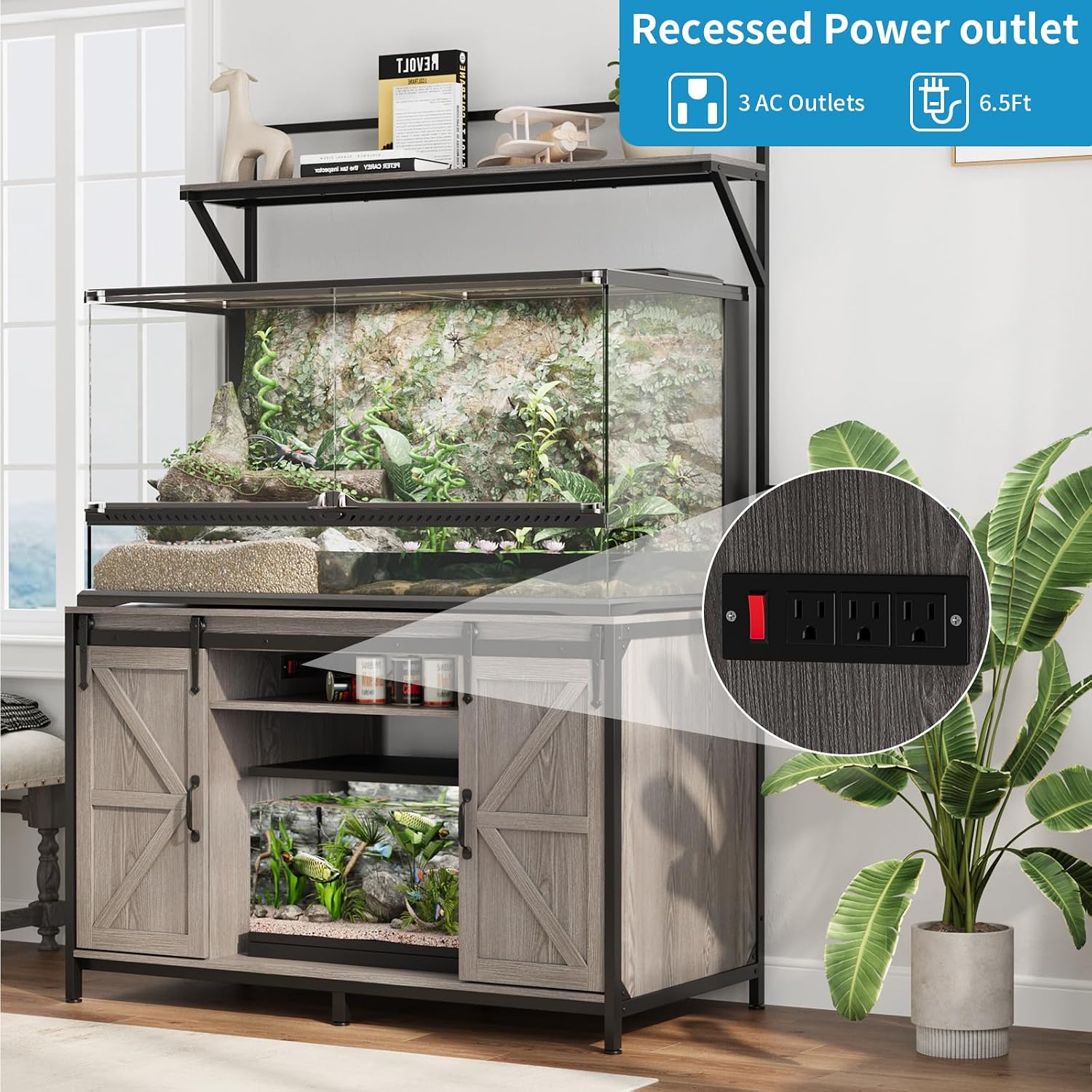 VOWNER Farmhouse Reptile Tank Stand with Power Outlet, 48' X 24' Tabletop Fits up to 120 Gallon Bearded Dragon Tank, Heavy Duty Aquarium Stand with Storage Cabinet, Reptile Turtle Terrarium Stand Grey