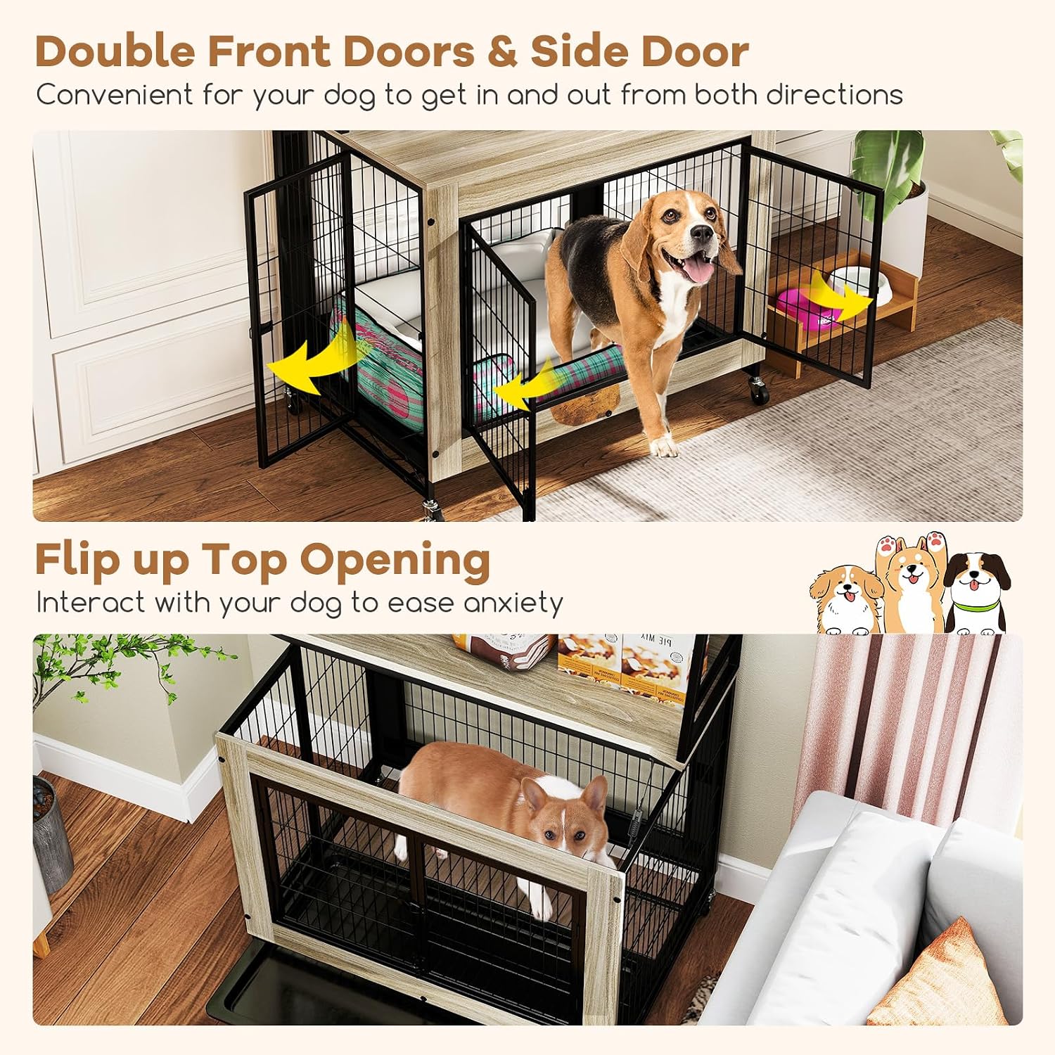 Giantex Dog Crate Furniture with Storage Shelves, 38' Furniture Style Indoor Dog Kennel on Wheels, 3 Doors, Flip Top Lid, Removable Pull-Out Tray, Dog Cage Pet House for Large Dogs, Oak Gray