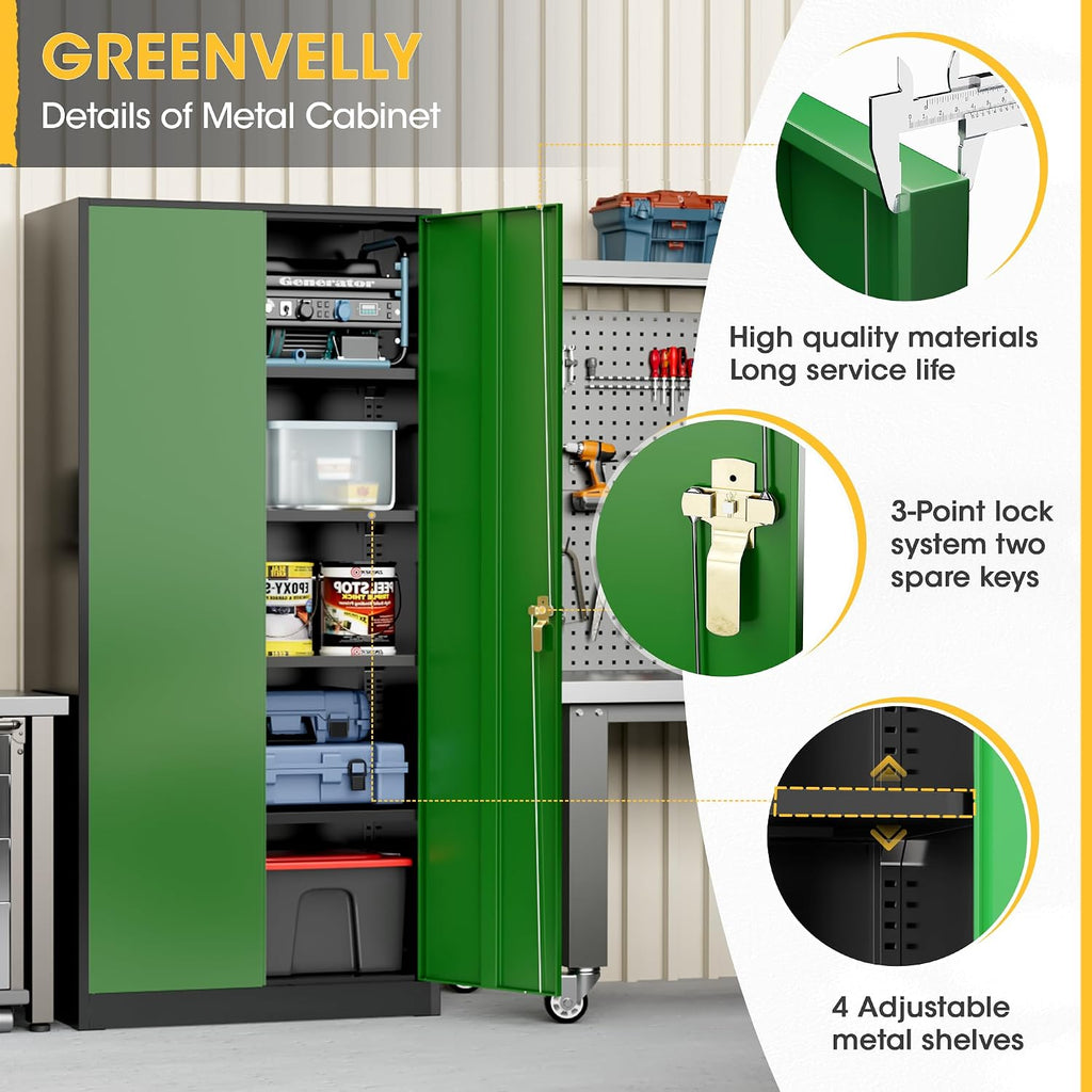 Greenvelly 72' H Metal Garage Storage Cabinet with 2 Doors and 4 Adjustable Shelves, Black Green Metal Cabinet with Lock for Office,Home, Garage, Gym, School