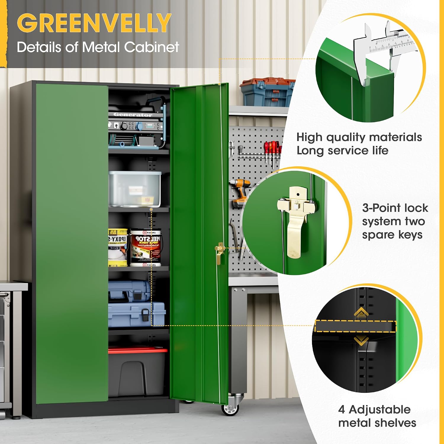 Greenvelly 72' H Metal Garage Storage Cabinet with 2 Doors and 4 Adjustable Shelves, Black Green Metal Cabinet with Lock for Office,Home, Garage, Gym, School