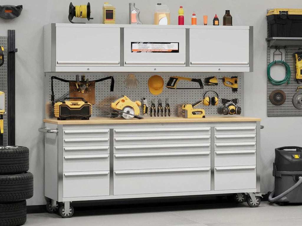 72-inch Rolling Tool Chest, 15 Drawers Garage Workbench Storage Tool Cabinet with Lock Key, Heavy Duty Rolling Cabinet with Solid Rubber Wood Top, Load Mobile Workstation for Warehouse, Repair Shop