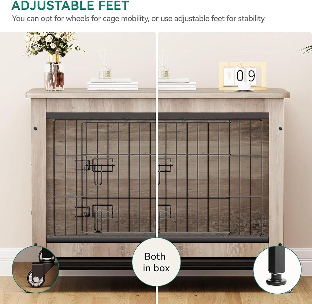 YITAHOME Dog Crate Furniture with Cushion, Dog Kennel Indoor with Wheels, Dogs Crate End Table with Tray, 27' Cage with Double Doors for Small Dogs (Gray)