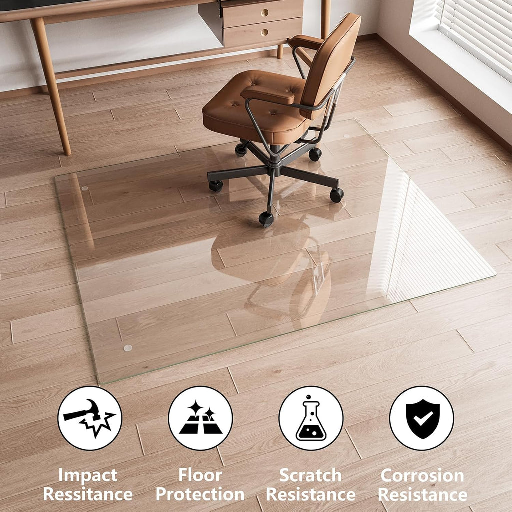 Koonmi Glass Chair Mat for Carpet, 36'x48' Tempered Glass Office Chair Mat, Glass Floor Mats with Rounded and Polished Edges, Desk Chair Mats with 4 Anti-Slip Pads for Hardwood Floor, Carpet