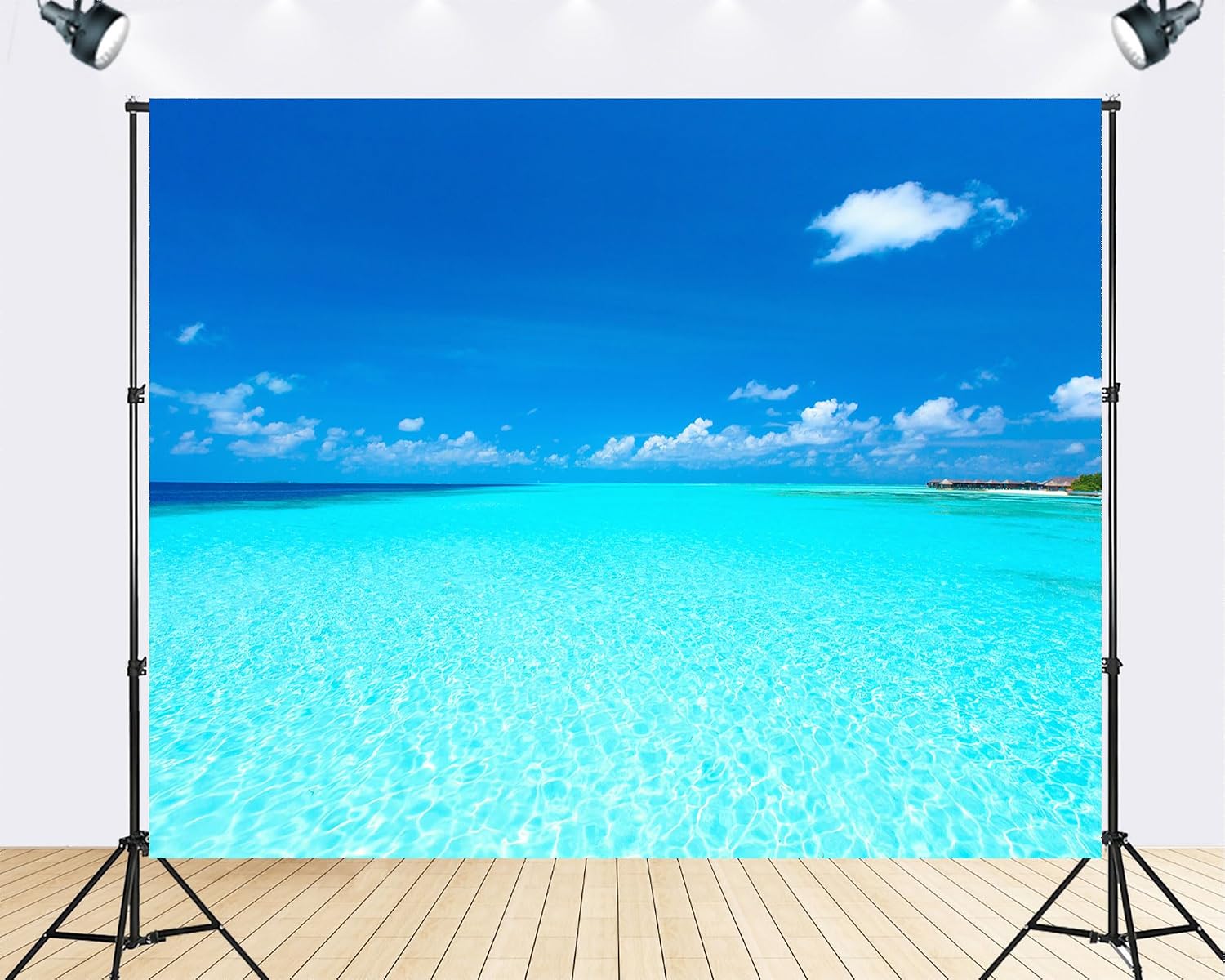 Trykid 20x10ft Pristine Turquoise Ocean Backdrop Crystal Clear Water Bright Blue Sky Fluffy Clouds Photography Background Tropical Paradise Tapestry Party Decoration Photo Studio Prop Fabric