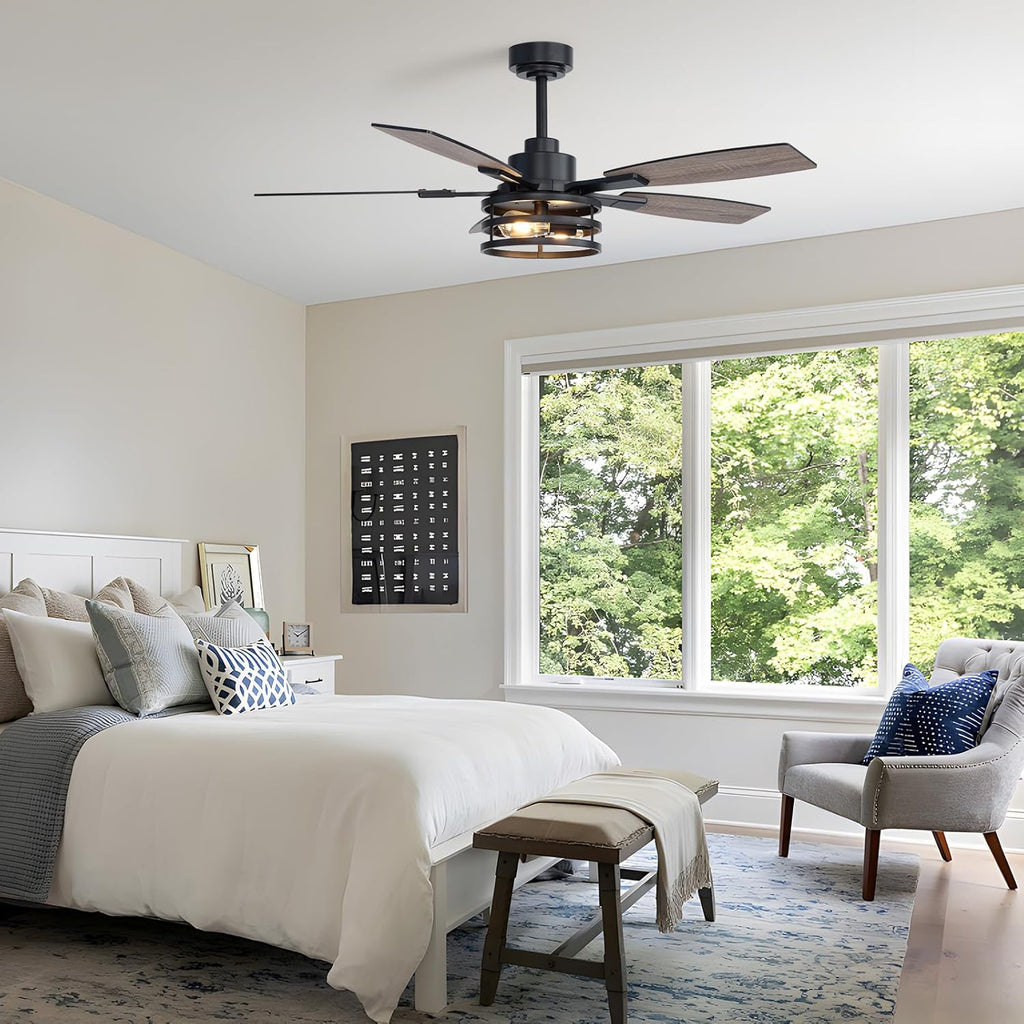 52 Inch Ceiling Fans with Lights and Remote Control, Farmhouse Ceiling Fan for Bedroom Living Room and Patio, Black Caged Ceiling Fan for Indoor and Outdoor