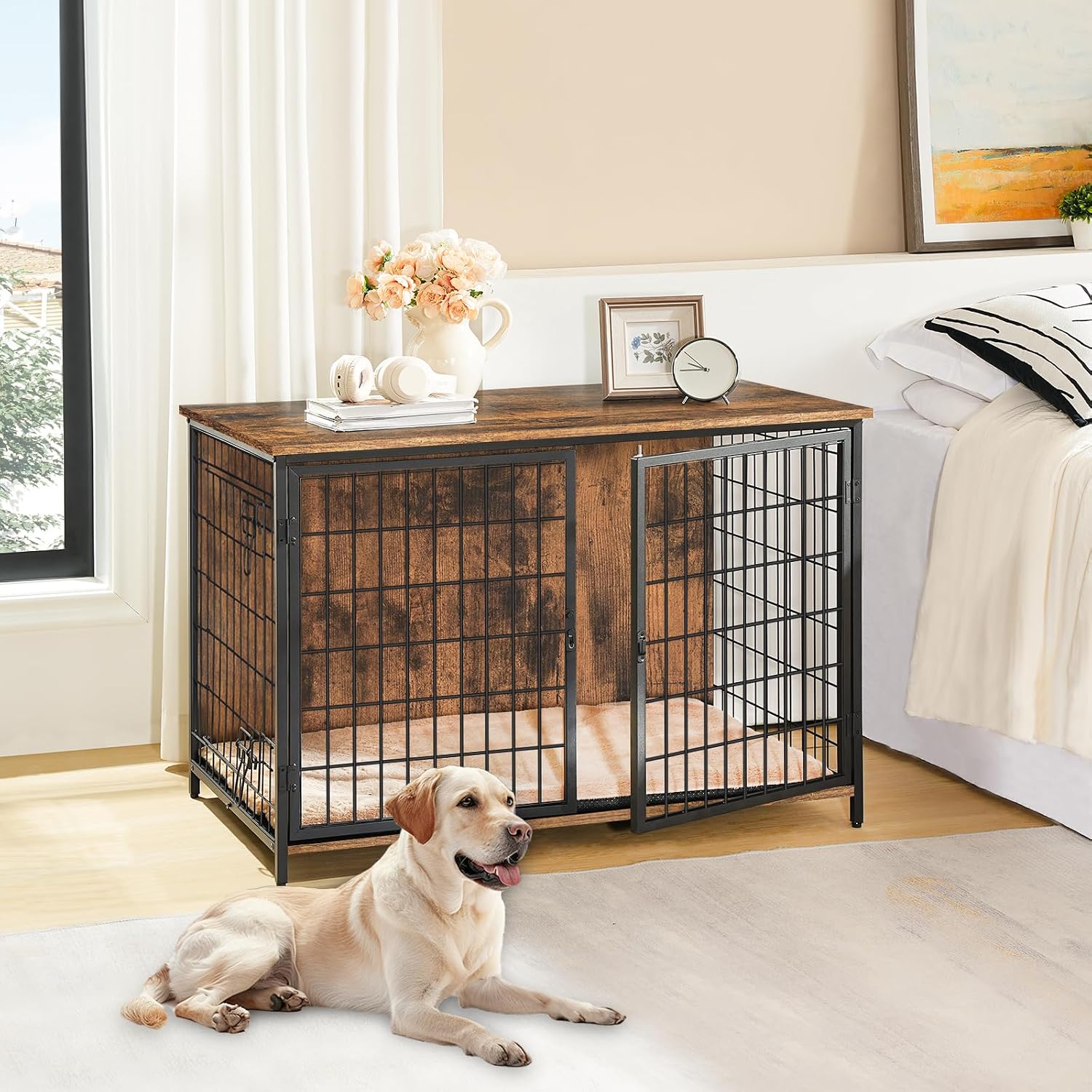 MAHANCRIS Dog Crate Furniture with Cushion, Wooden Dog Kennel with Double Doors, Heavy Duty Dog Cage for Small/Medium/Large Dogs, Indoor Dog House End Table, 39.4' L, Rustic Brown DCHR10701