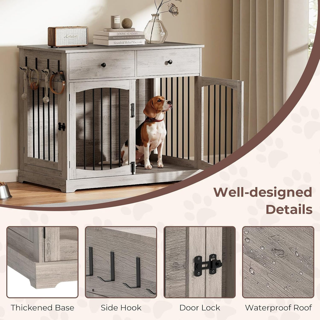 40 Inch Dog Crate Furniture, Wooden Dog Kennel Furniture, Heavy-Duty Dog Crate End Table with Storage Drawers, Double Doors Decorative Pet Cage House Indoor for Medium Large Dog, Gray