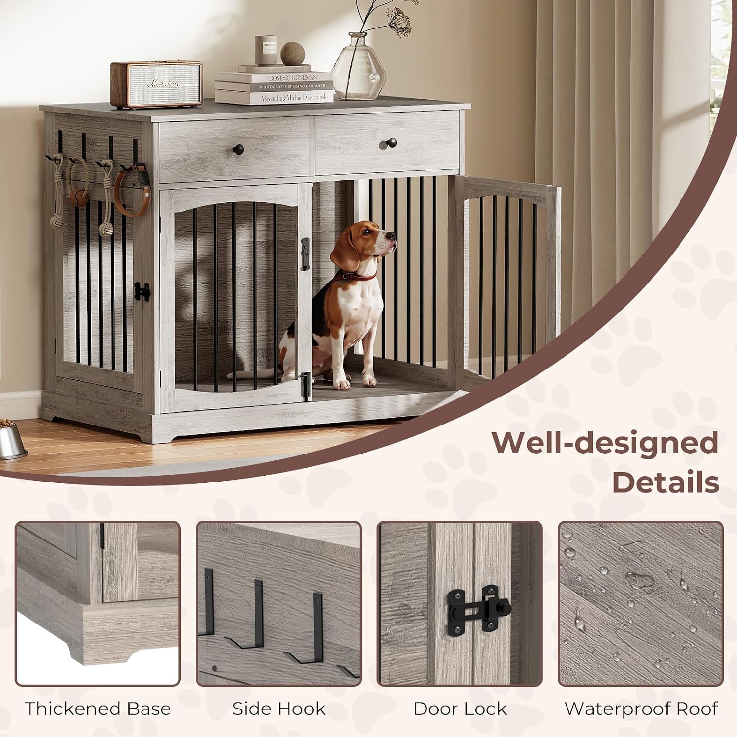 40 Inch Dog Crate Furniture, Wooden Dog Kennel Furniture, Heavy-Duty Dog Crate End Table with Storage Drawers, Double Doors Decorative Pet Cage House Indoor for Medium Large Dog, Gray