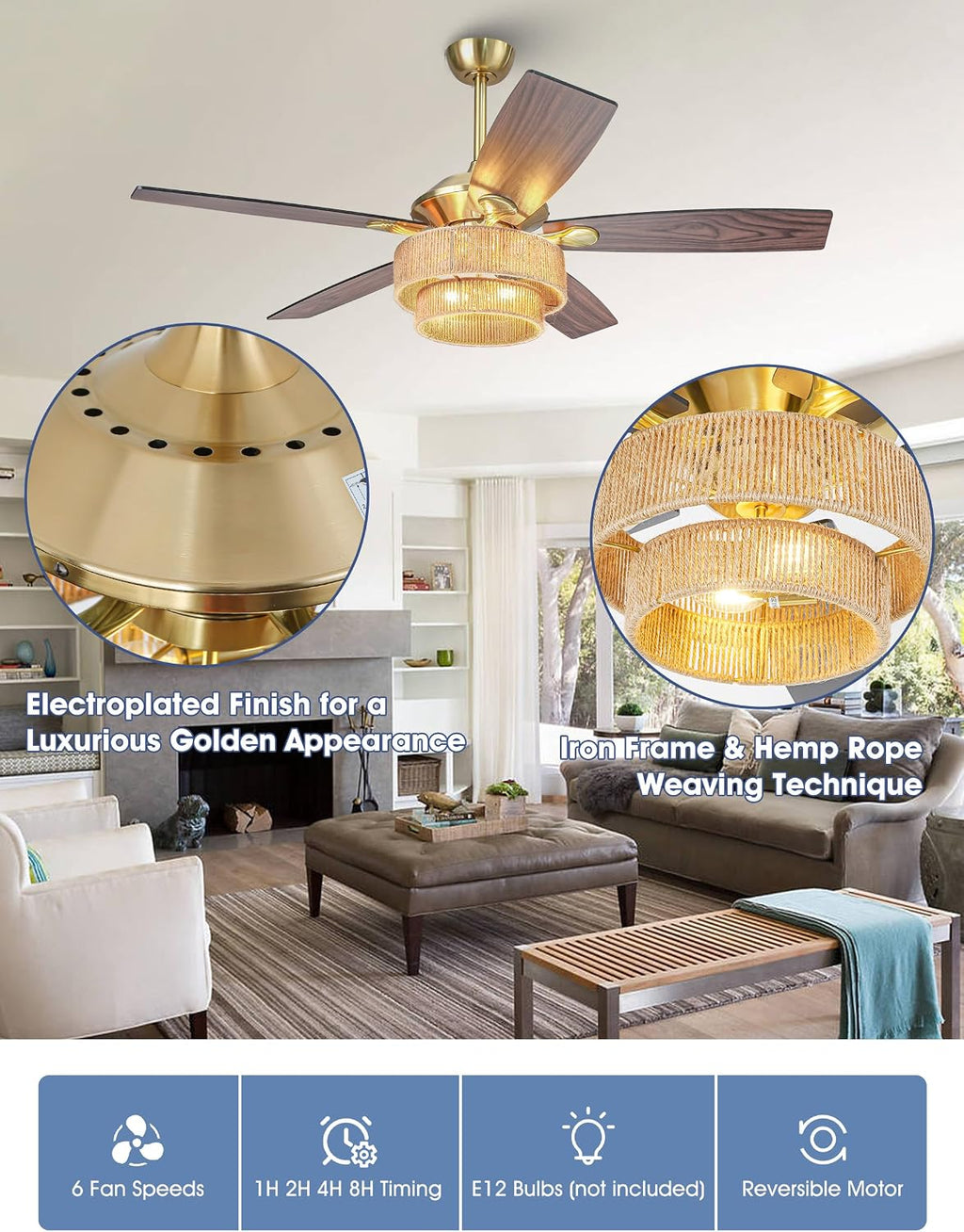Parrot Uncle Ceiling Fans with Lights and Remote, 52 Inch Farmhouse Rustic Ceiling Fan for Bedroom, Chandelier Outdoor Ceiling Fans with Reversible 5 Blades, Black/Wood Grain, Woven Drum Shade