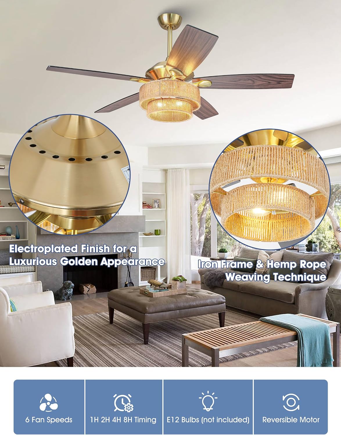 Parrot Uncle Ceiling Fans with Lights and Remote, 52 Inch Farmhouse Rustic Ceiling Fan for Bedroom, Chandelier Outdoor Ceiling Fans with Reversible 5 Blades, Black/Wood Grain, Woven Drum Shade
