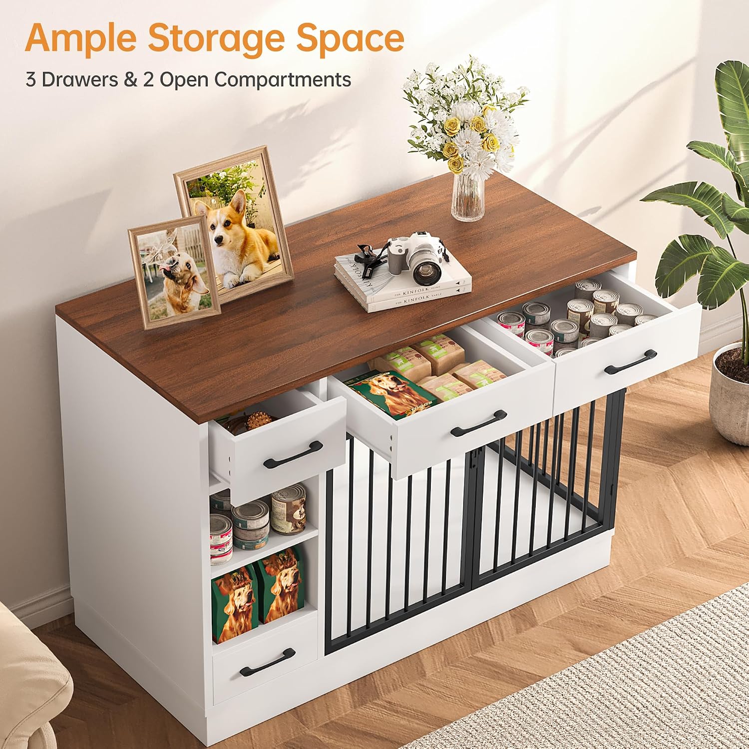 Dog Crate with Hidden Feeder Bowl & 3 Storage Drawers - 47.2' Wooden Dog Cage Indoor with Adjustable Shelf, 2 Doors Dog Kennel Furniture for Medium & Small Dogs, Multi-Functional Pet End Table