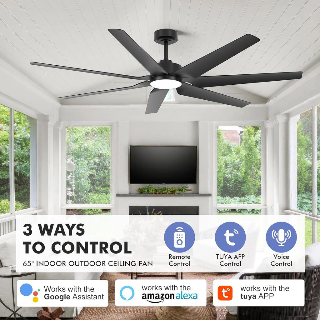 65 Inch All-Weather Outdoor Ceiling Fan with Light and Remote wet-rated, High CFM, Smart Alexa/App Control Energy Efficient & Quiet DC Motor, 7 Large Black Waterproof Blade for Patio, Porch, Garage