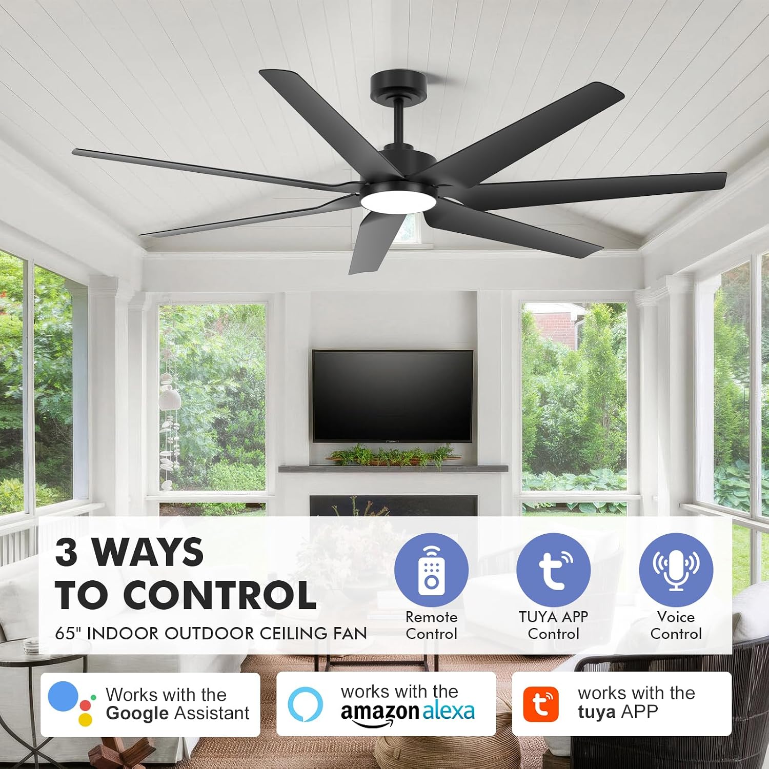 65 Inch All-Weather Outdoor Ceiling Fan with Light and Remote wet-rated, High CFM, Smart Alexa/App Control Energy Efficient & Quiet DC Motor, 7 Large Black Waterproof Blade for Patio, Porch, Garage