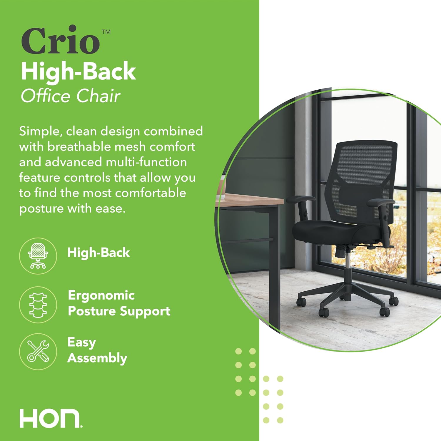 HON Crio Ergonomic Mesh Office Chair, High‑Back Desk Chair with Adjustable Arms, Lumbar Support, Center‑Tilt Swivel Seating for Computer Desks and Home Office, Black Frame, Black