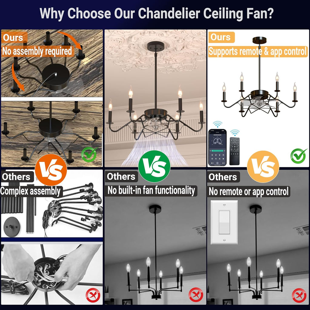 Ceiling Fan with Branch-Shaped Candlestick Chandelier 25' Farmhouse Fandelier Ceiling Fans with Lights, Rustic Hanging Chandelier for Bedroom, Dining Room, Kitchen Island, Foyer, Hallway-Black