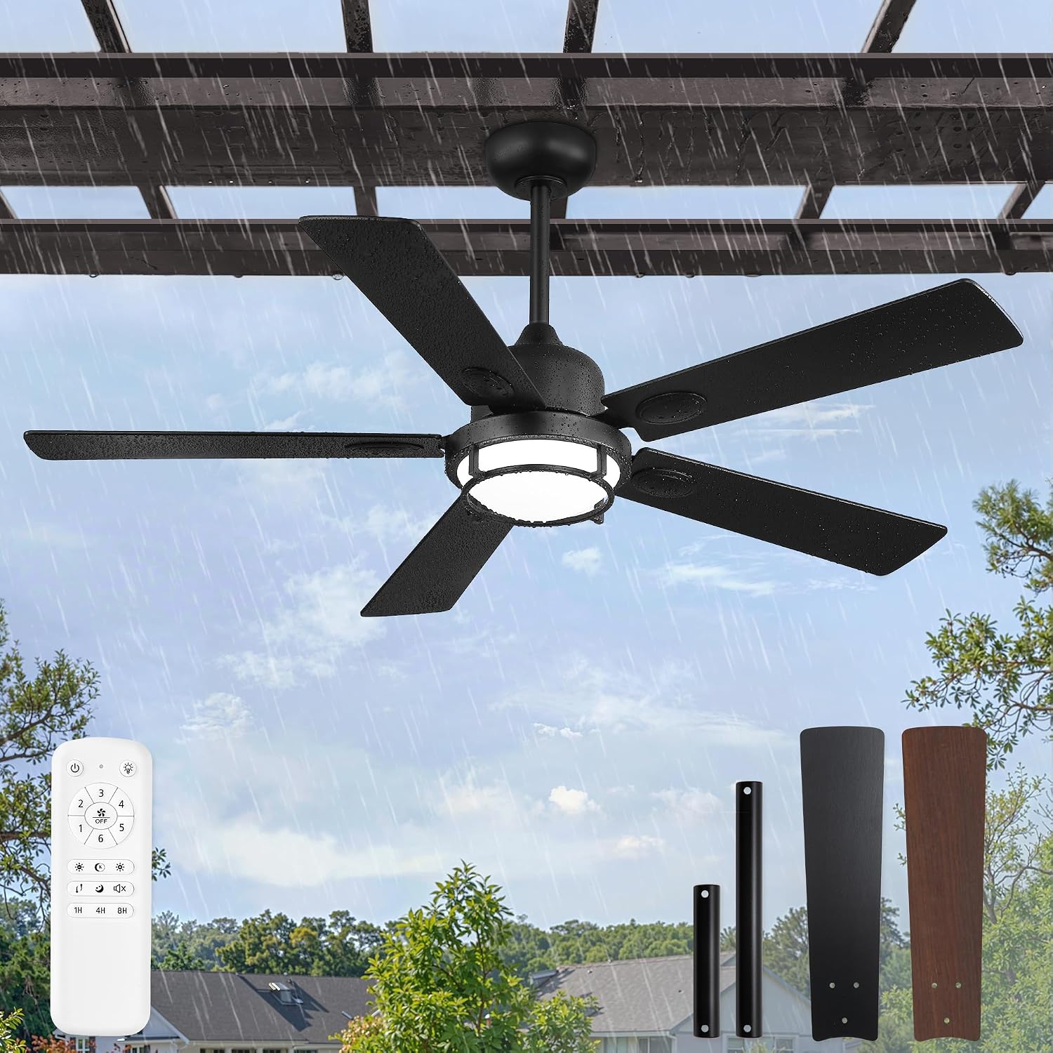 52' Outdoor Ceiling Fans with Lights, Gazebo Hanging Fan with 3CCT Remote Control 6-Speeds DC Motor,IP65 Waterproof Ceiling Fan for Patio Porch Pergola(Black)