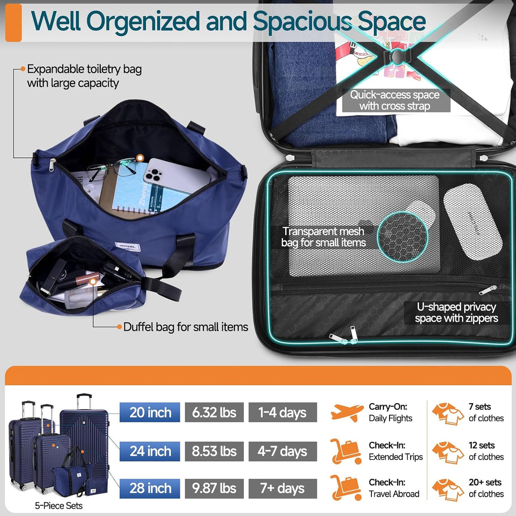 Hoteel Luggage Sets 5 Piece ABS+PC Hardside, 4-Year Warranty, Luggage Set with Dual-Spinner Wheels, TSA Lock, Lightweight Carry on Luggage, 20'/24'/28' Suitcase with Duffel & Organizer, Dark Blue